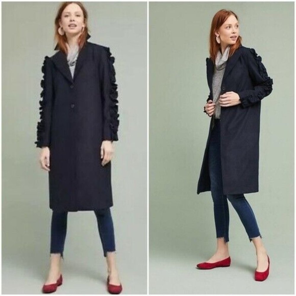 The Fifth Label Anthropologie Black Ruffle Sleeve Narrative Coat, Size S NWT!